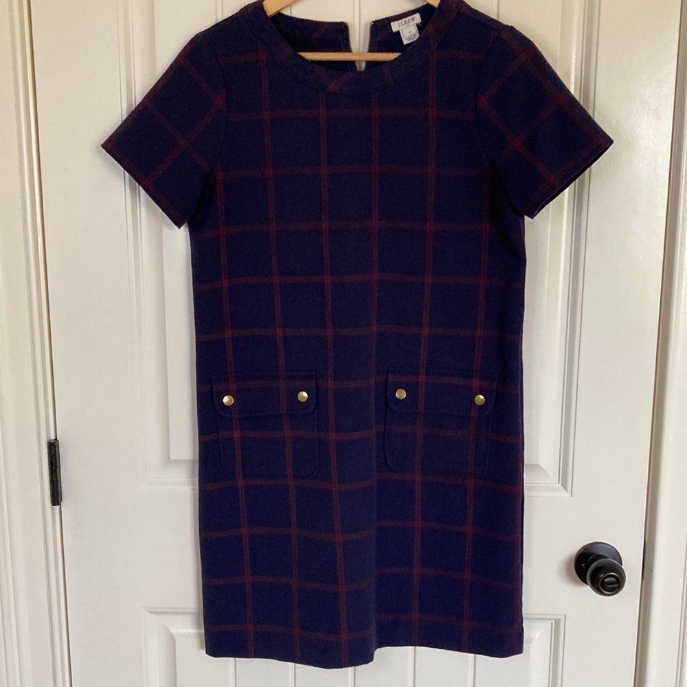 J.Crew Factory Sheath Dress Womens 4 Navy Rust Plaid Short Sleeve Preppy